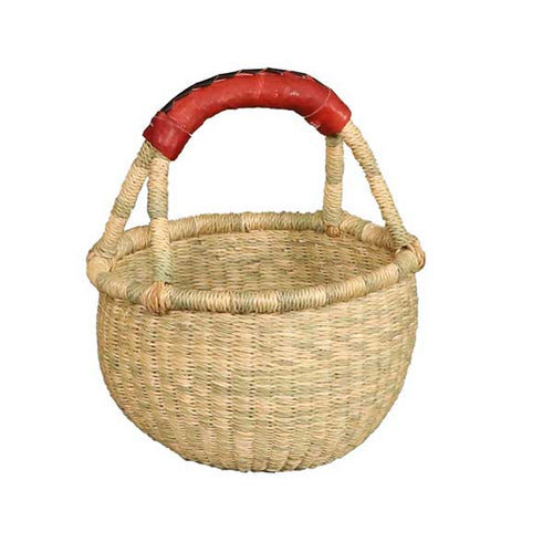 African Market Basket Mini Round Natural with leather handles