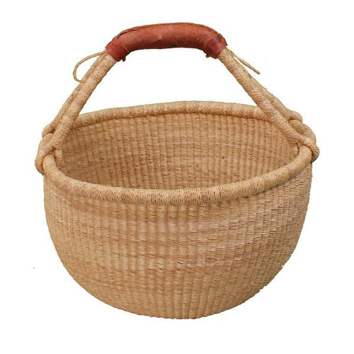 African Market Basket Large Round Natural with leather handles